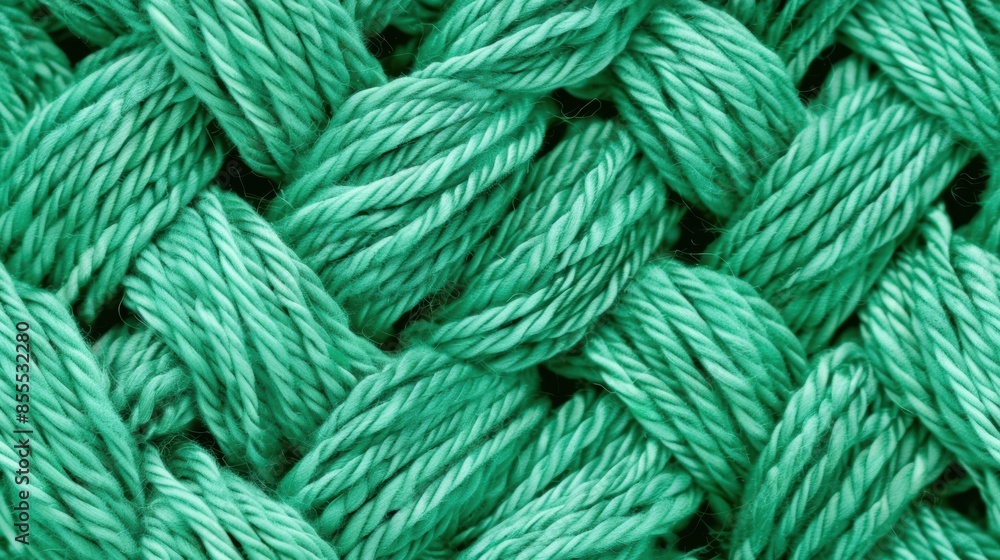 Detailed view of green braided rope showcasing its vibrant color and intricate weave. The texture emphasizes strength and durability. Nautical and outdoor concept.