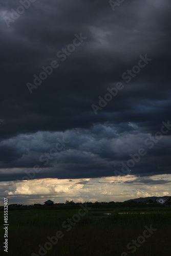 Vertical Dramatic dark storm rain clouds black sky background. Dark thunderstorm clouds rainny atmosphere. windstorm disasters climate. Dust ominous cloudscape storm disaster gloomy gray cloud sky