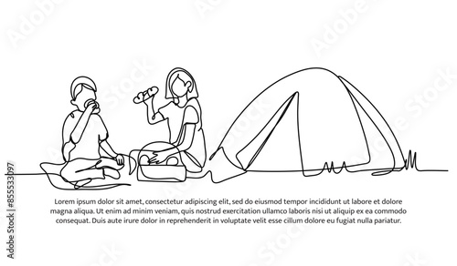 Continuous one line design of picnic with my son.Minimalist style vector illustration on white background.