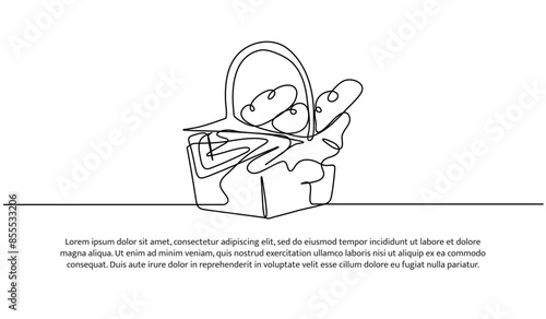 Continuous one line design of picnic basket.Minimalist style vector illustration on white background.