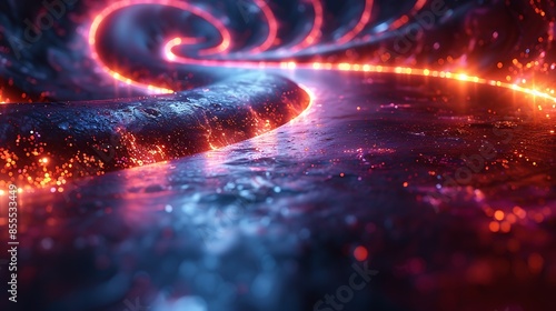 An abstract design of neon light spirals on a dark nightclub-like background. The neon spirals illuminate the dark scene, creating a vibrant and dynamic atmosphere.