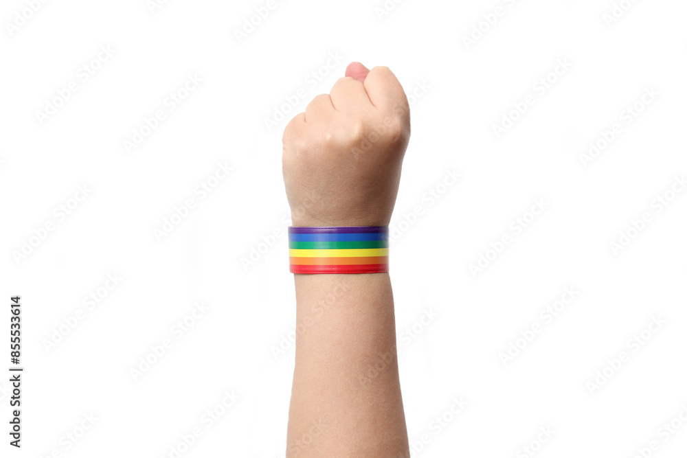 Hand with bracelet with the rainbow colors of the gay flag, a symbol that represents the LGBTQ+ community Hand with bracelet with the rainbow colors of the gay flag, a symbol that represents the LGBTQ+ community