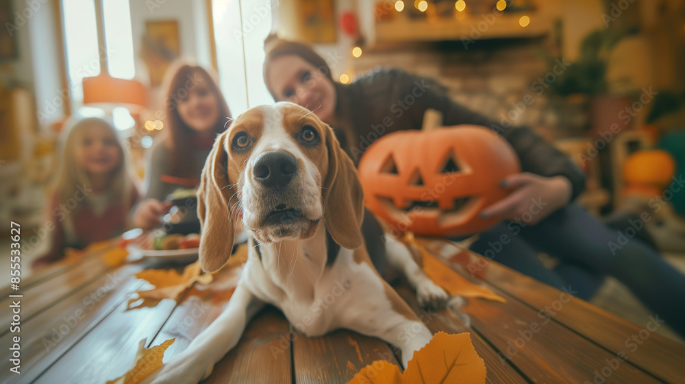 selfie beagle dog is lauching with a family in the on the table,hallaween concept selfie beagle dog is lauching with a family in the on the table,hallaween concept