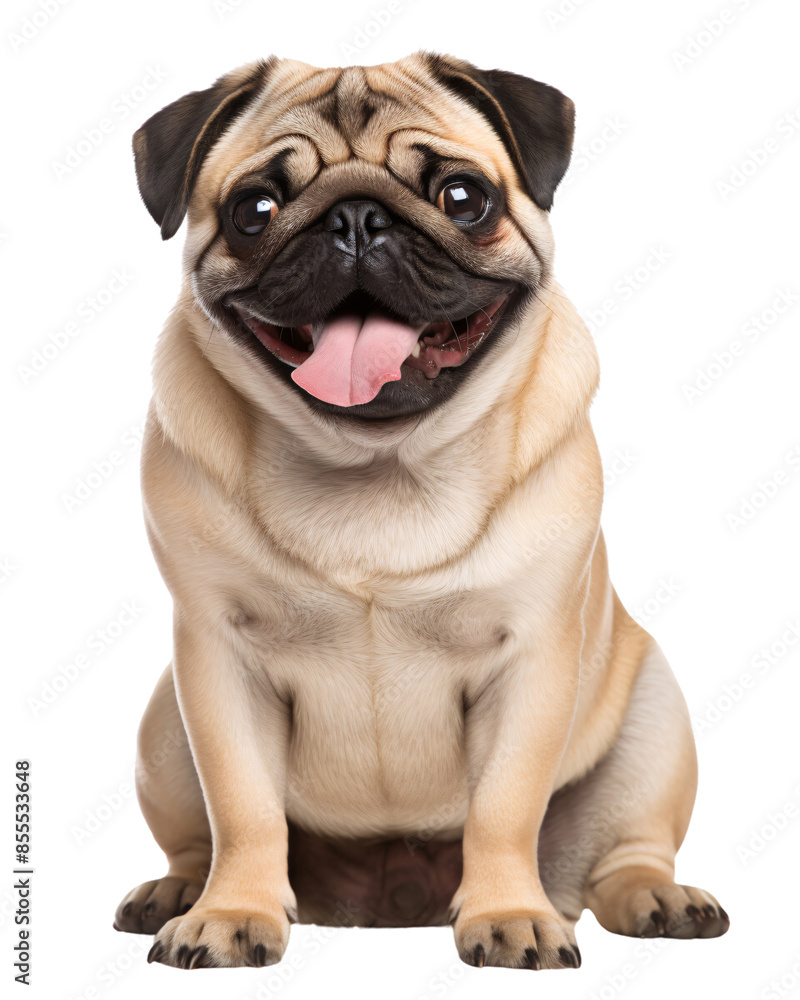 Happy Pug Sitting with Tongue Out on Black Background Happy Pug Sitting with Tongue Out on Black Background