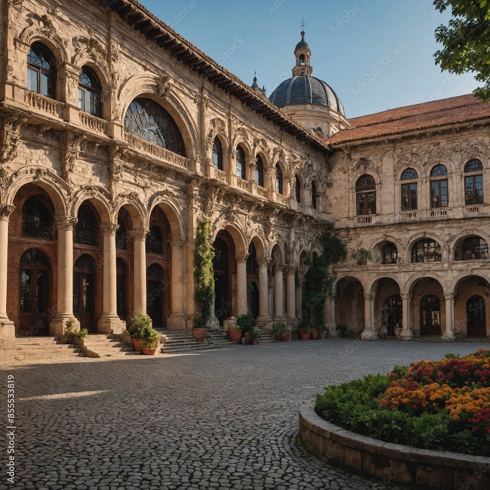 Fototapeta premium Cultural Center: Write about a historic city with ornate architecture and cobblestone streets, where centuries-old buildings are juxtaposed against manicured gardens and vibrant public squares.
