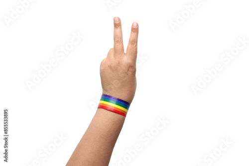 Hand with bracelet with the rainbow colors of the gay flag, a symbol that represents the LGBTQ+ community