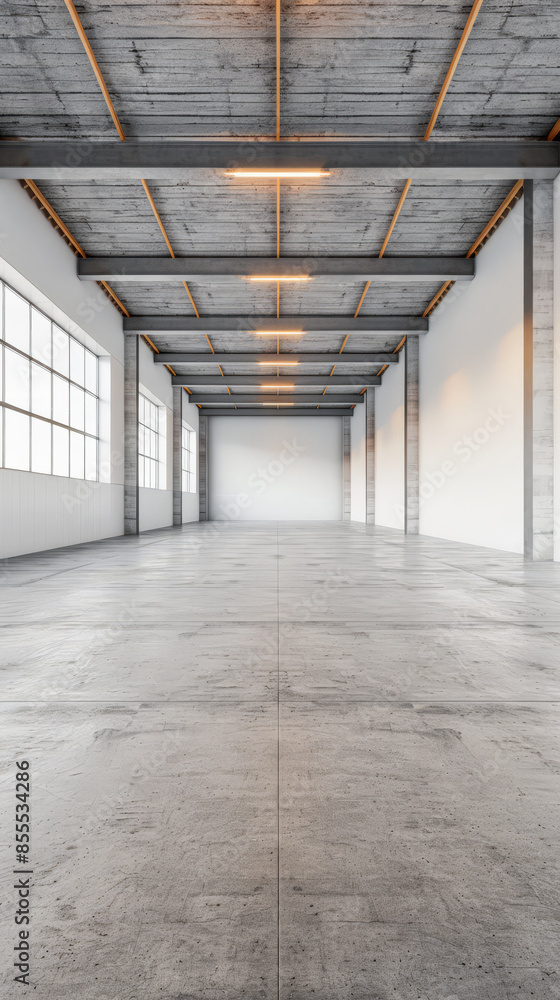 Empty warehouse building interiors in neutral tones with ample copy space. Concept image on commerce, stock, storage and industrial businesses. Empty warehouse building interiors in neutral tones with ample copy space. Concept image on commerce, stock, storage and industrial businesses.
