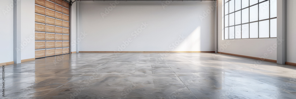 Fototapeta premium Empty warehouse building interiors in neutral tones with ample copy space. Concept image on commerce, stock, storage and industrial businesses.