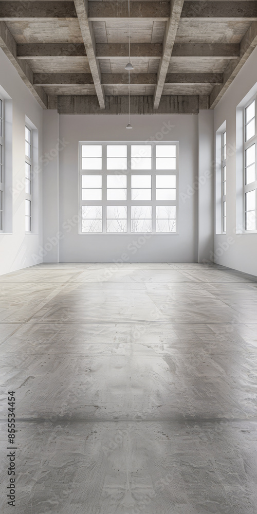 Fototapeta premium Empty warehouse building interiors in neutral tones with ample copy space. Concept image on commerce, stock, storage and industrial businesses.
