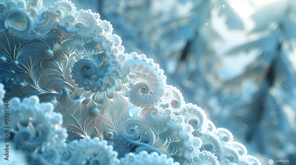 An abstract scene featuring frosted glass spirals with a blurred winter landscape in the background. The delicate frosted glass spirals are intricate, with the soft focus of snowy trees An abstract scene featuring frosted glass spirals with a blurred winter landscape in the background. The delicate frosted glass spirals are intricate, with the soft focus of snowy trees