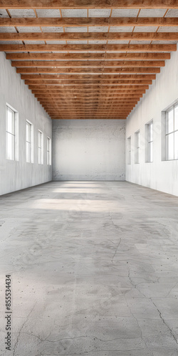 Empty warehouse building interiors in neutral tones with ample copy space. Concept image on commerce, stock, storage and industrial businesses.