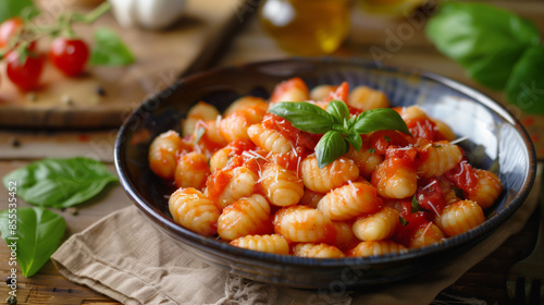 Potato gnocchi with tomato sauce and basil leaf
