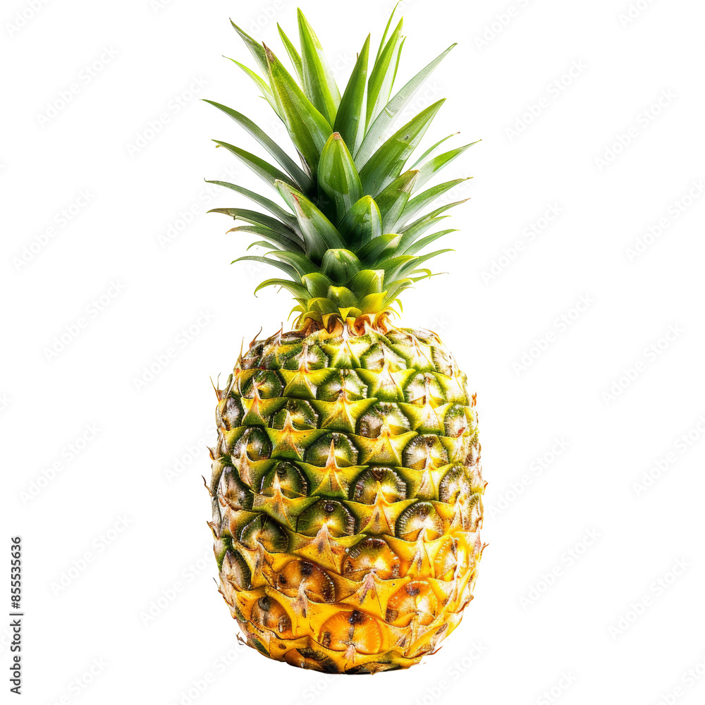 Fototapeta premium Fresh pineapple with green leaves and yellow-orange skin, isolated on a white background, showcasing its vibrant colors and tropical appeal.