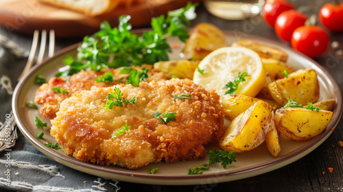 Crispy breaded wiener schnitzel with parsley and lemon