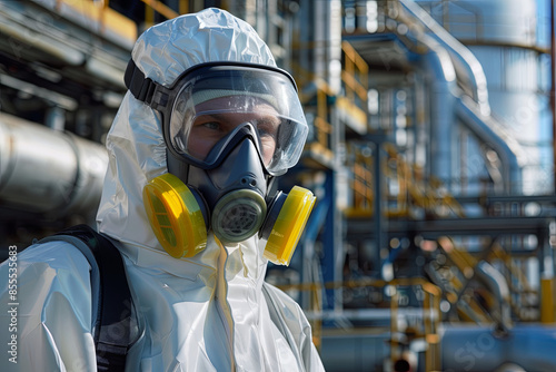 Chemical specialist in safety gear and gas mask checks for chemical leaks at an industrial plant