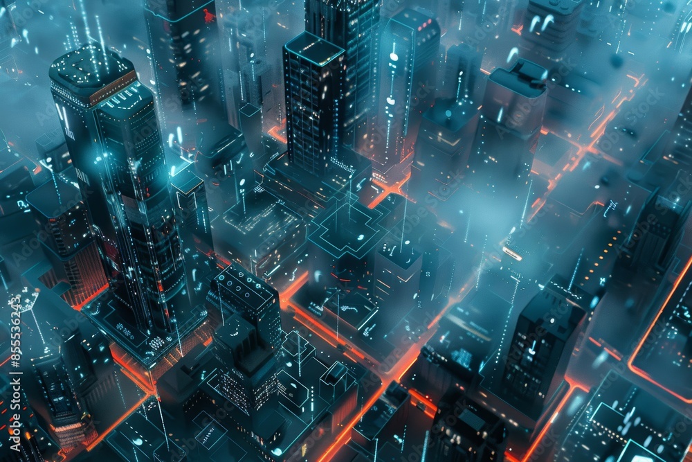 Fototapeta premium A futuristic cityscape captured from an aerial perspective, featuring vibrant holographic data overlays enhancing the urban landscape with a blend of technology and architecture