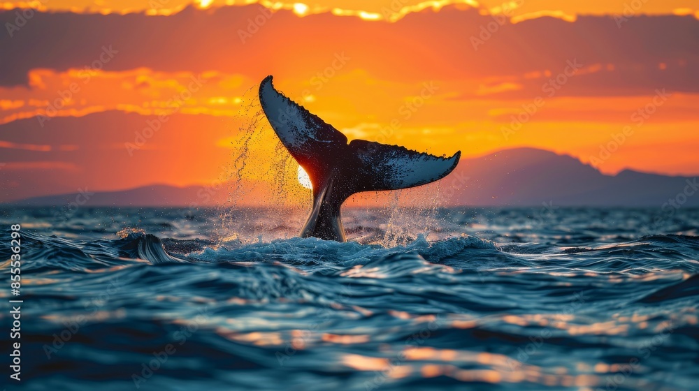 Fototapeta premium Whale diving playfully at dawn, sunrise colors brightening the sky and water, raw and vivid marine moment