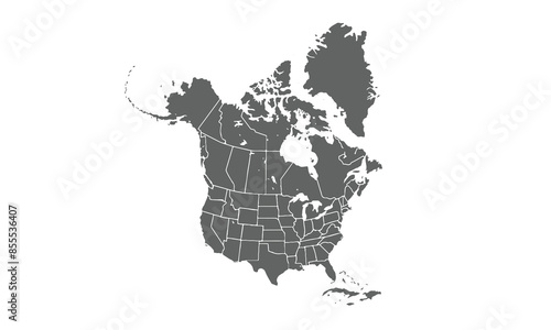 Map of North America isolated on white background. for website layouts, background, education, precise, customizable, Travel worldwide, map silhouette backdrop, earth geography, political, reports.