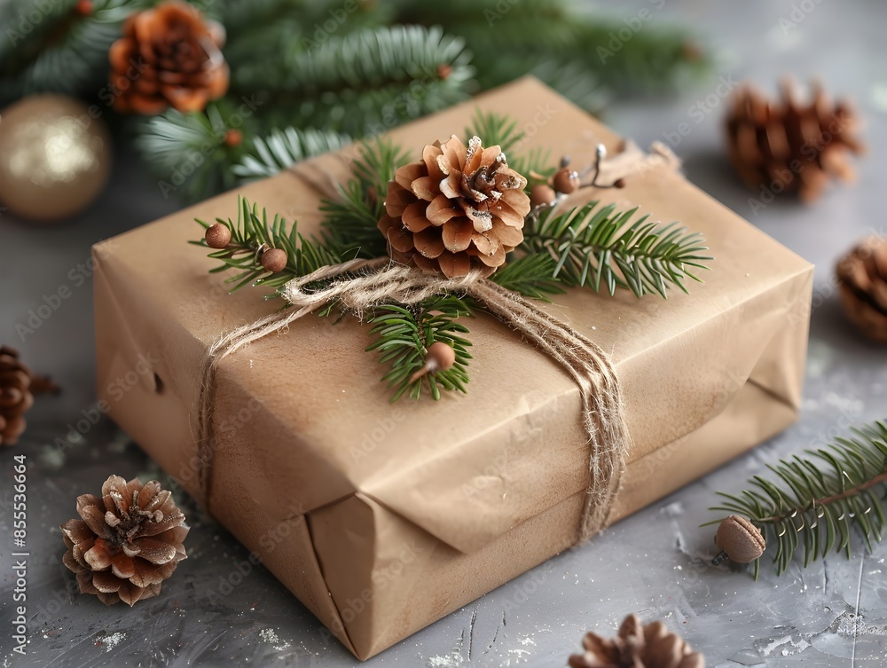 Rustic Holiday Gift Box Wrapped in Kraft Paper and Twine Adorned with Pinecones and Evergreen Sprigs Rustic Holiday Gift Box Wrapped in Kraft Paper and Twine Adorned with Pinecones and Evergreen Sprigs