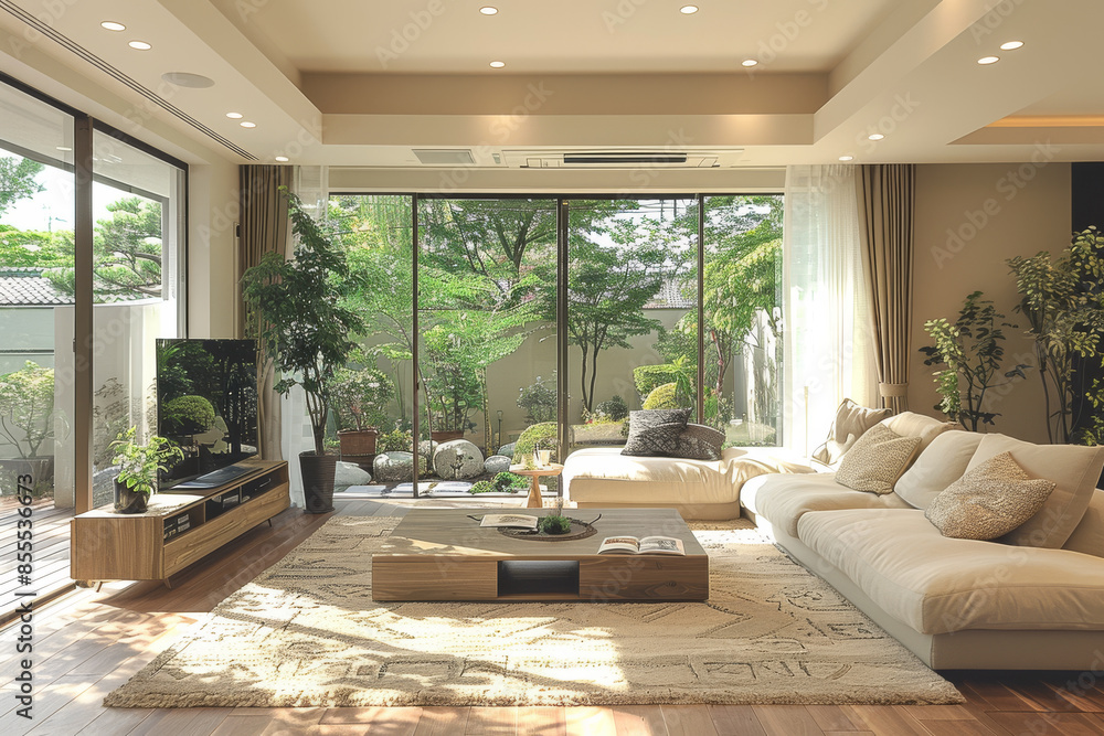 Fototapeta premium Bright White Living Room with Large Windows