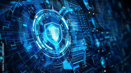 Futuristic cyber security depiction with a shield symbol centered on blue intricate privacy interface , AI security concept photo