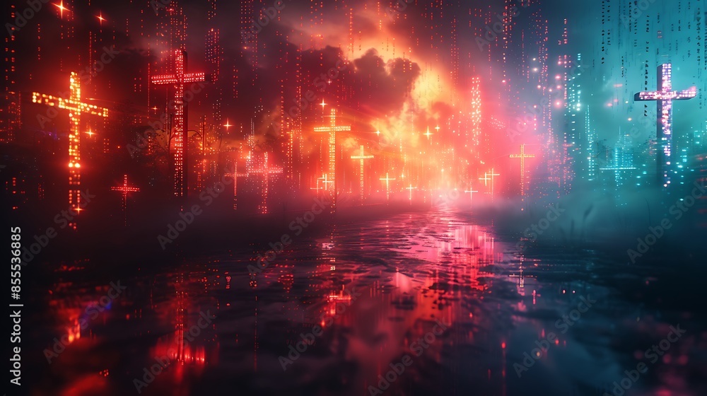 An artistic depiction of crosses within a digital glitch art composition, creating a tech-inspired disruptive look. The crosses are surrounded by glitch effects, distorted lines, and vibrant colors An artistic depiction of crosses within a digital glitch art composition, creating a tech-inspired disruptive look. The crosses are surrounded by glitch effects, distorted lines, and vibrant colors