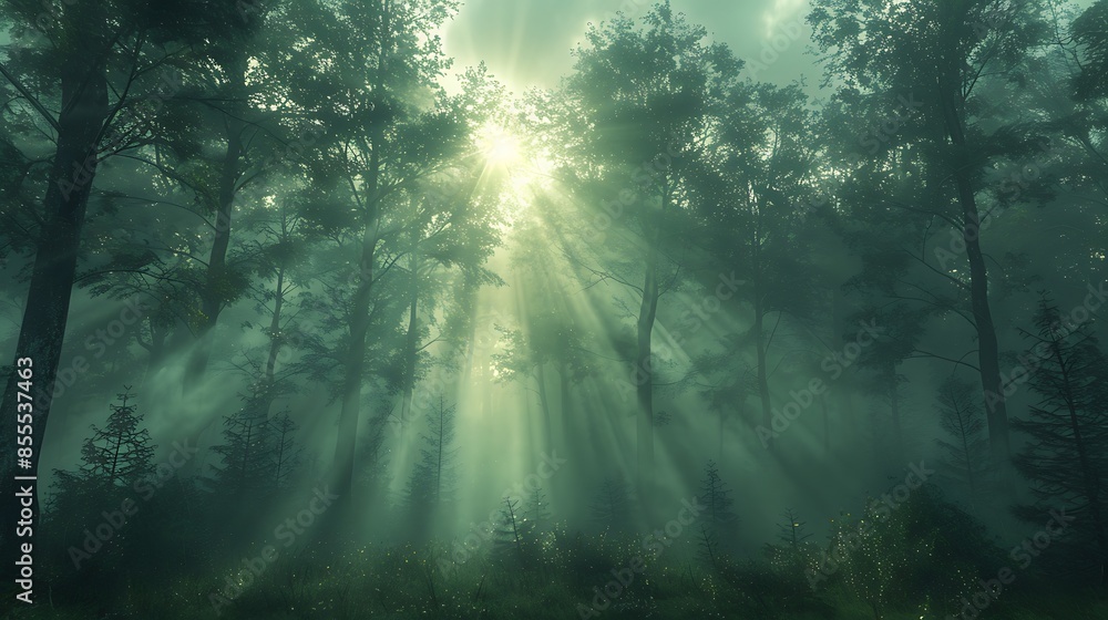 An artistic depiction of light beams forming crosses in a misty forest at dawn. The ethereal light rays cut through the dense fog and trees, creating a mystical and serene atmosphere. An artistic depiction of light beams forming crosses in a misty forest at dawn. The ethereal light rays cut through the dense fog and trees, creating a mystical and serene atmosphere.