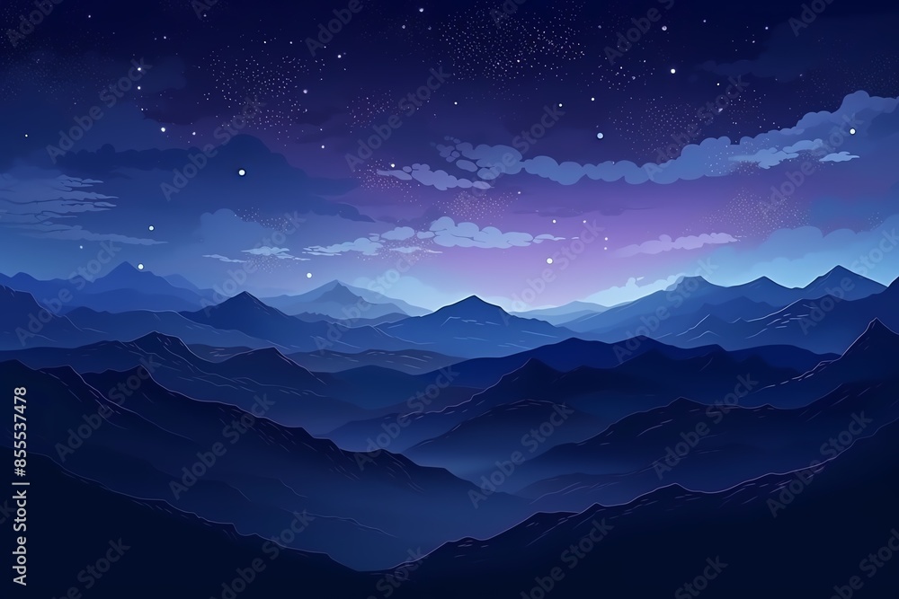 A tranquil night sky over serene mountain ranges with twinkling stars and soft, purple-tinted clouds. A tranquil night sky over serene mountain ranges with twinkling stars and soft, purple-tinted clouds.