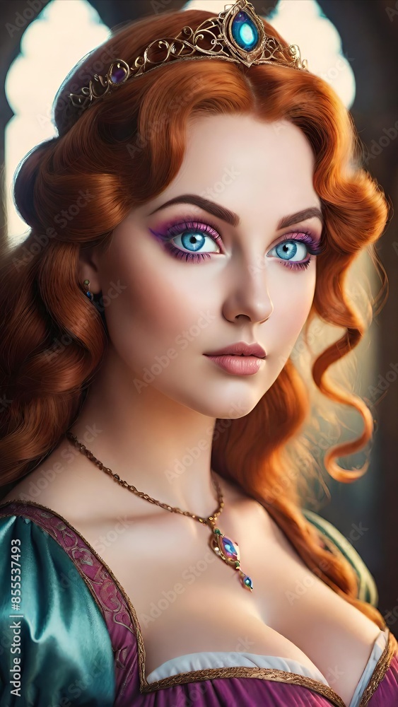 Ethereal princess with piercing blue eyes and red hair, adorned in regal medieval attire Ethereal princess with piercing blue eyes and red hair, adorned in regal medieval attire