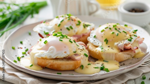 A savory plate of eggs Benedict with poached eggs, Canadian bacon