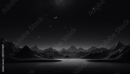 Stunning black and white mountain landscape at night with starry sky, serene water, and serene horizon. Perfect for backgrounds and designs.
