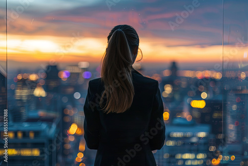 A young businesswoman silhouetted against a cityscape, contemplating her big plans for urban management © Emanuel
