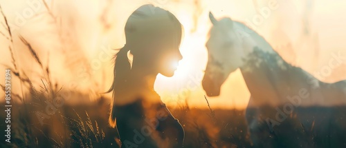 Woman with white horse close up, focus on, copy space Bright and soft shades Double exposure silhouette with countryside photo