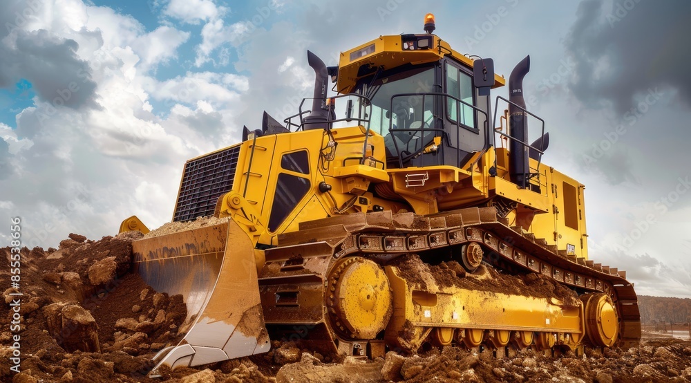 Detailed image of a bulldozer with soil on the blade, working on a construction site with. Detailed image of a bulldozer with soil on the blade, working on a construction site with.