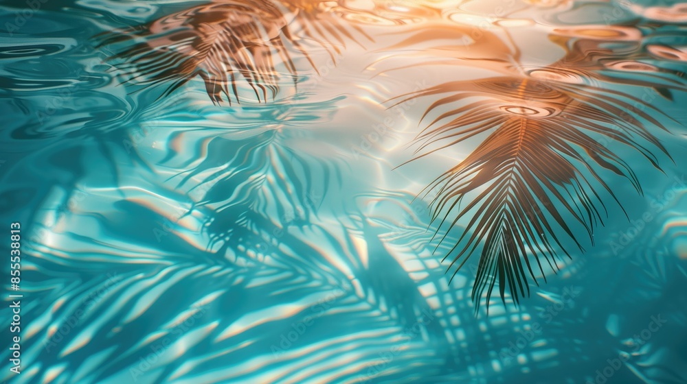 Fototapeta premium Tropical Palm Tree Shadows Landscape Banner, Blue Ocean Waters White Sand Beach Wallpaper, Calm Spa and Sauna Artwork, Travel and Tourism Marketing Background Concept, Zen Meditation Graphic