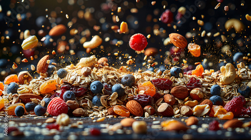 A handful of colorful trail mix ingredients suspended in mid-air, showcasing a variety of textures and shapes, including nuts, dried fruit, and granola clusters. photo