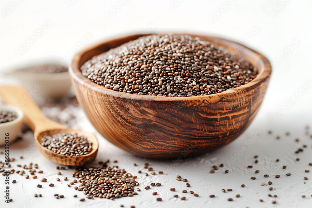 Close-up of Chia seeds in a wooden bowl are detailed and demonstrate their unique shape and texture on a plain white background. Close-up of Chia seeds in a wooden bowl are detailed and demonstrate their unique shape and texture on a plain white background.