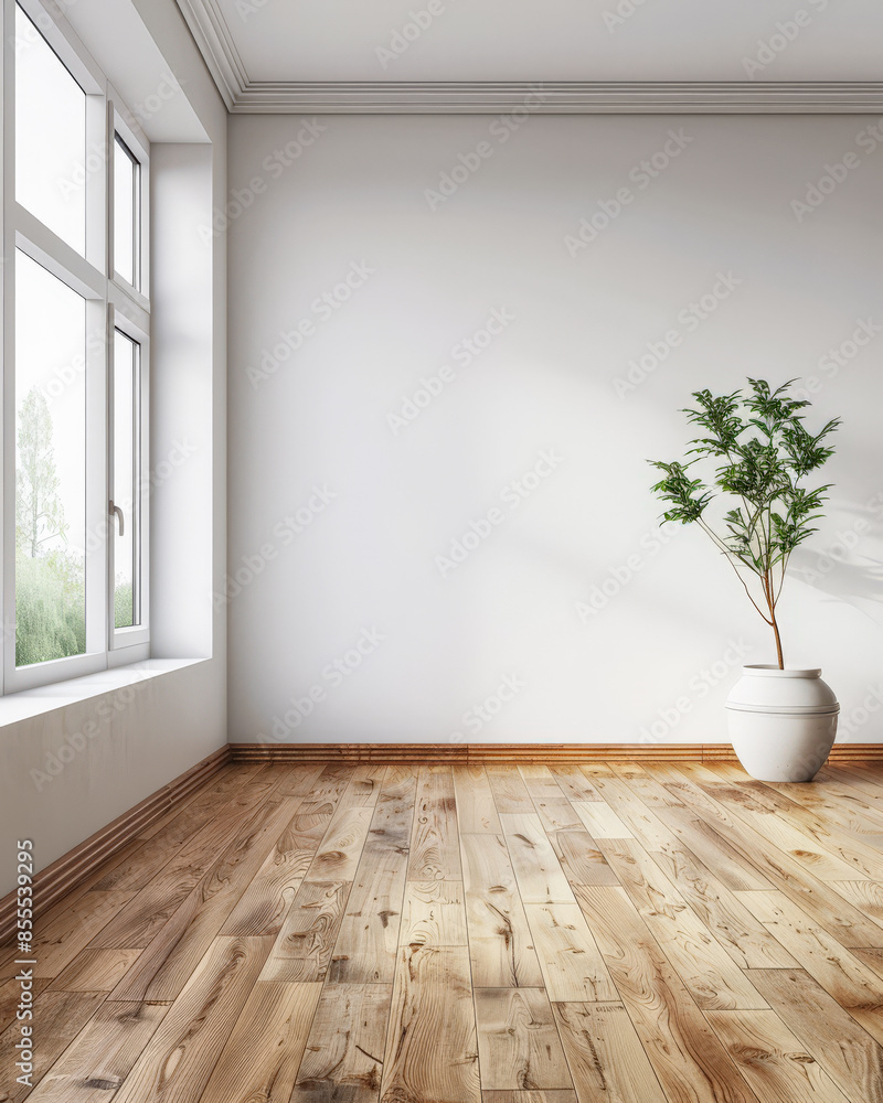 Relaxing zen interiors in neutral tones with a window filling the room with natural lighting and minimal furniture. Residential Real Estate interior design composition.