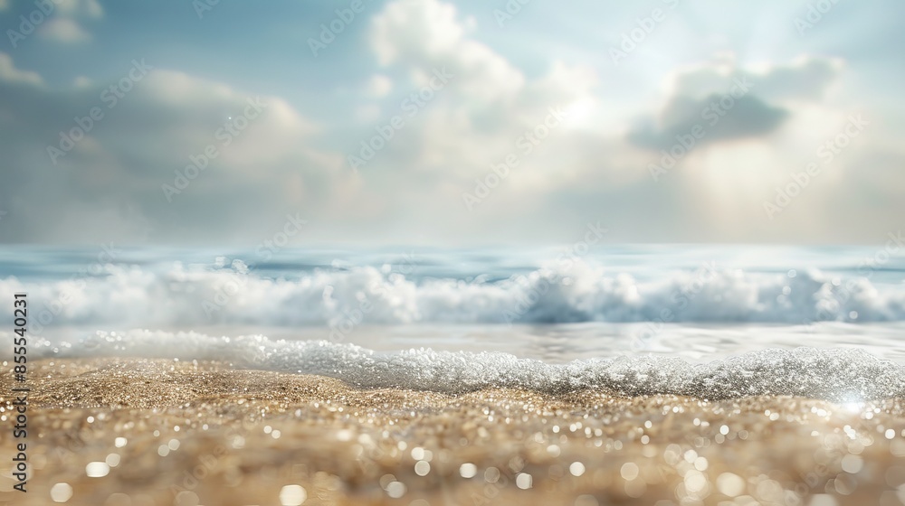 Serene Seascape with Blurred Bokeh Light on Calm Sea and Sky, Focus on Sandy Foreground Serene Seascape with Blurred Bokeh Light on Calm Sea and Sky, Focus on Sandy Foreground