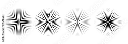 Radial circle set. Sonar or sound wave ring collection. Halftone and linear epicenter, target, radar icon concept. Rippled concentric signal vibration elements. Vector black dashed and dotted symbols