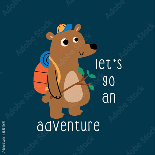 tee print design for kids fashion as vector with cute camper bear
