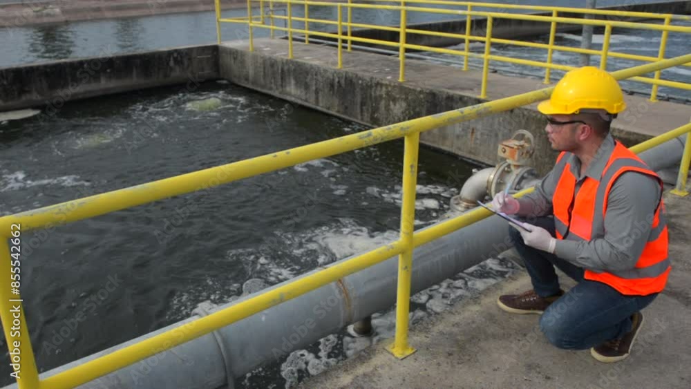 an engineer sit aside at the waste water pool and check down the list on a clipboard to make sure that the gauge at standard value, waste water treatment an engineer sit aside at the waste water pool and check down the list on a clipboard to make sure that the gauge at standard value, waste water treatment