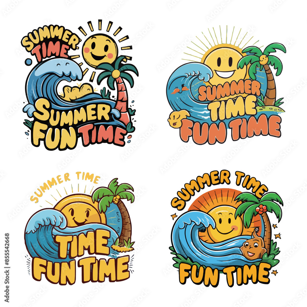 Fototapeta premium Create a lively cartoon-style typography sunset t-shirt design with text Summer Time Fun Time.