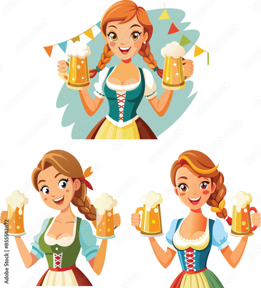 Hand drawn Bavarian waitress holding two mugs of beer in both hands Hand drawn Bavarian waitress holding two mugs of beer in both hands