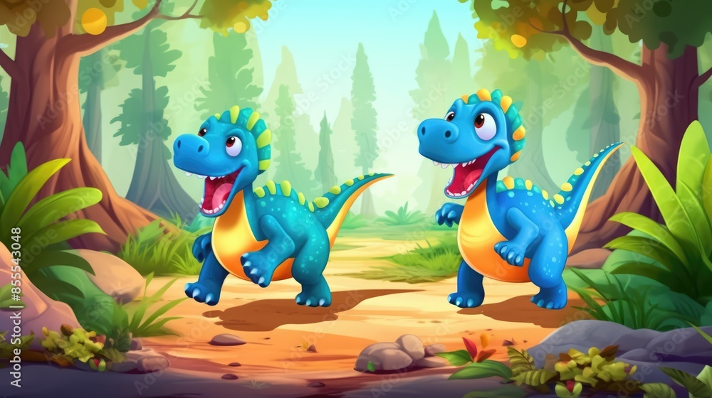 Naklejka premium Cartoon dinosaurs in the jungle. Vector illustration of cute dinosaurs.