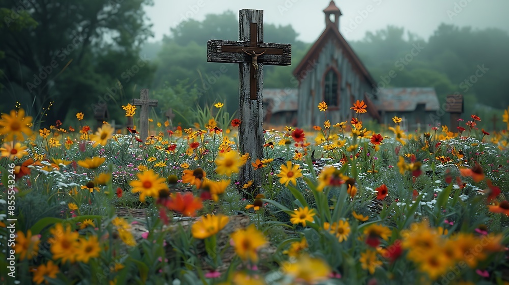 Wooden crosses standing amidst a field of wildflowers, capturing a rustic, country feel. The weathered wood and vibrant blooms create a harmonious blend of natural elements Wooden crosses standing amidst a field of wildflowers, capturing a rustic, country feel. The weathered wood and vibrant blooms create a harmonious blend of natural elements