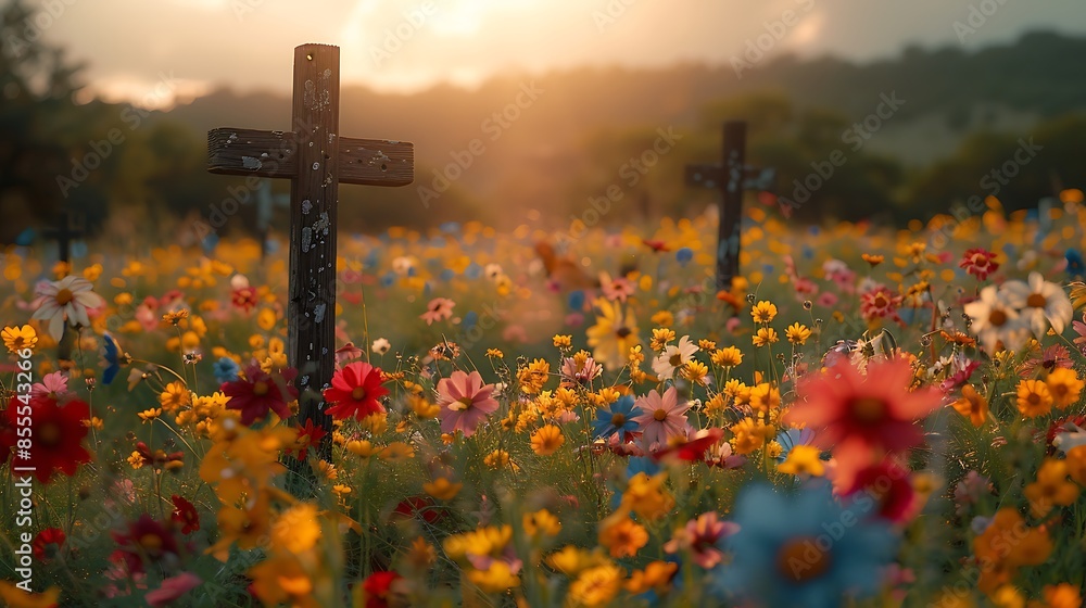 Wooden crosses standing tall against a backdrop of vibrant wildflowers, capturing a rustic, country feel. The scene features weathered wood and colorful blooms in a sunlit meadow Wooden crosses standing tall against a backdrop of vibrant wildflowers, capturing a rustic, country feel. The scene features weathered wood and colorful blooms in a sunlit meadow