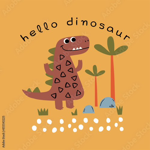 tee print design for baby fashion as vector with little cute dinosaur drawing