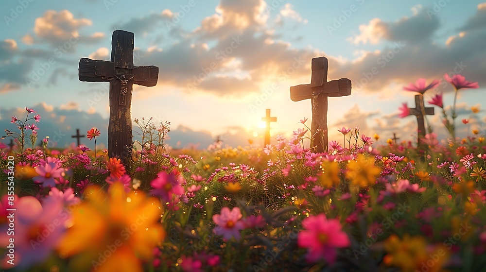 Wooden crosses standing tall in a field of wildflowers, capturing a rustic, country feel. Wooden crosses standing tall in a field of wildflowers, capturing a rustic, country feel.