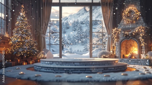 Cozy Winter Wonderland Living Room with Christmas Tree, Fireplace, and Snowy Mountain View Through Large Windows